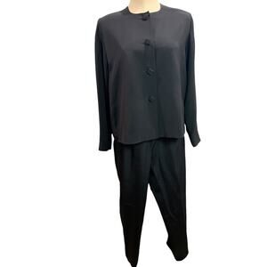 Size 12 Sansappelle Womens Black Silk 2 Piece Suit Jacket Pants 1990s
